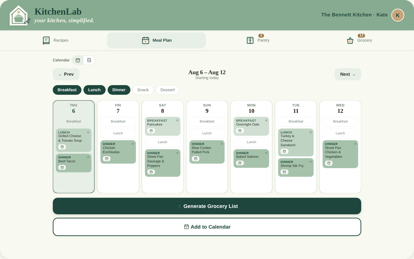 The weekly planner with meals slotted in
