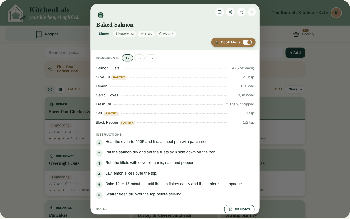 Cook Mode: step-by-step, then updates the pantry